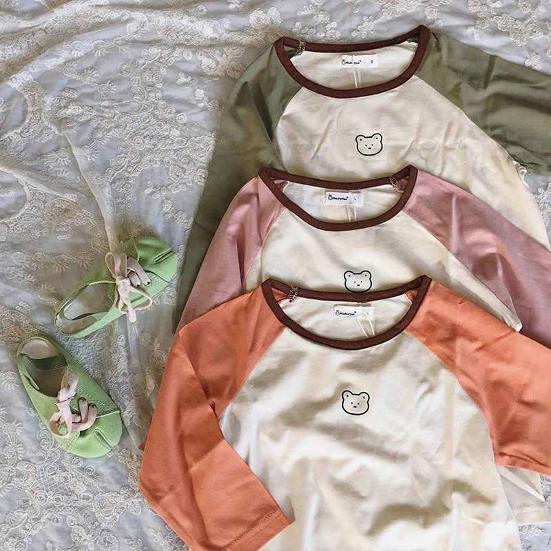 Весенне летние детские футболки с длинными рукавами и рисунком медведя новые