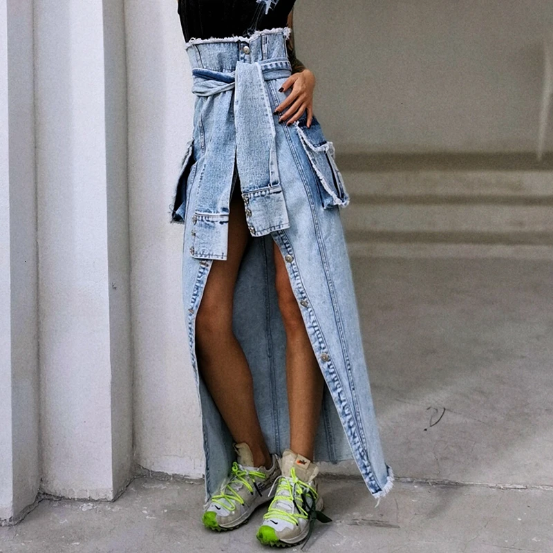 Женская джинсовая юбка макси с высокой талией асимметричная длинная в стиле High