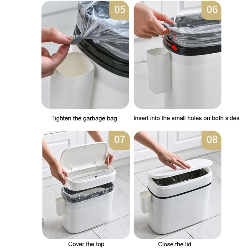 Rectangular Hand Press Slim Plastic Trash Can with Lid 12L/14L Household Barrel Wastebasket Garbage Container Bin for Bathroom |
