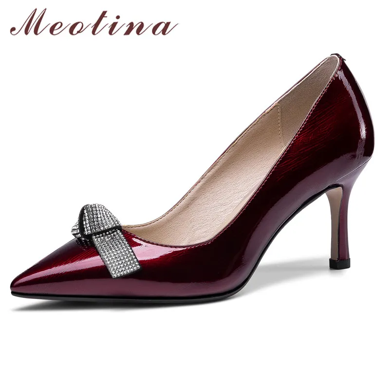 

Туфли-лодочки Meotina женские на высоком каблуке-шпильке, натуральная кожа, заостренный носок, со стразами, без застежки, Классическая обувь, 46