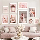 Розовая Мода цветок Роза ретро автомобиль лошадь Корона скандинавские настенные художественные холст картины плакаты и принты картинки для декора гостиной