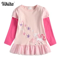 vikita girls t shirt embroidery children unicorn cartoon tops kids patchwork long sleeve cotton mesh tees children clothing