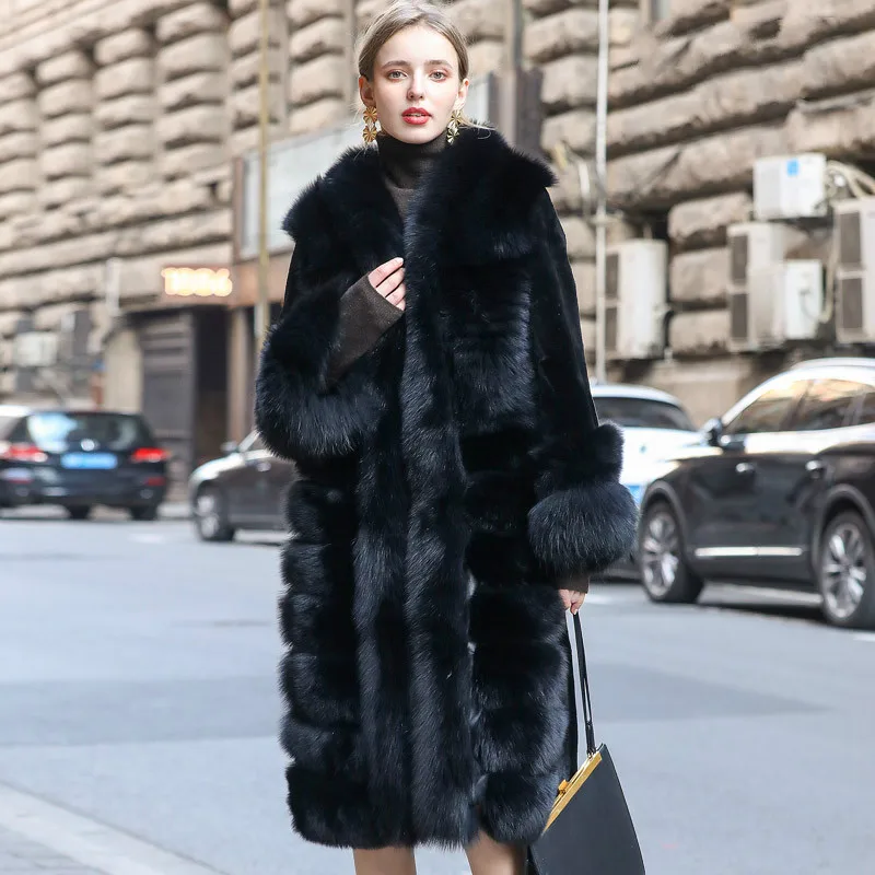 

Winter Fashion Elegant Sheepskin Shearling Women Raccoon Real Fox Fur Coat Black Size M - 2XL