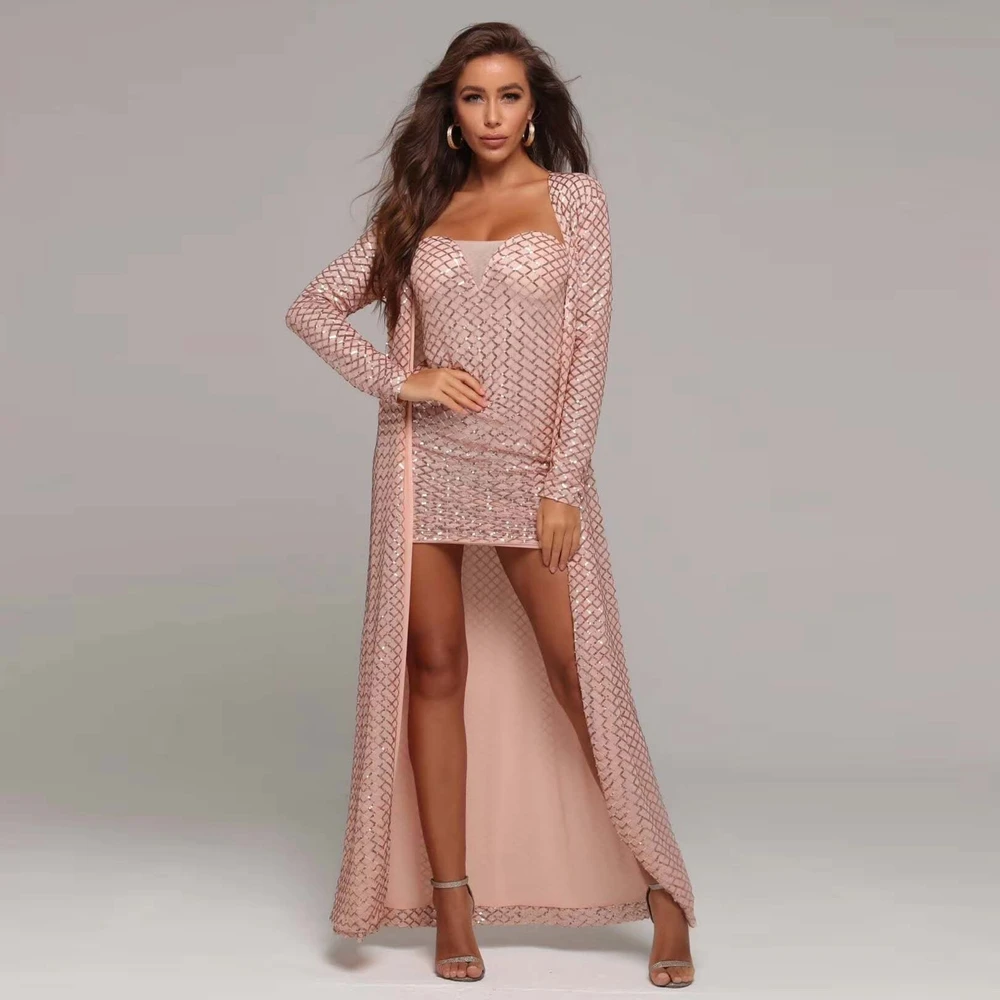 

New Women Summer Two 2 Pieces Pink Sequin Dress Long Sleeve 2020 Women Strapless Sexy Clubwear Celebrity Party Wholesale Festa