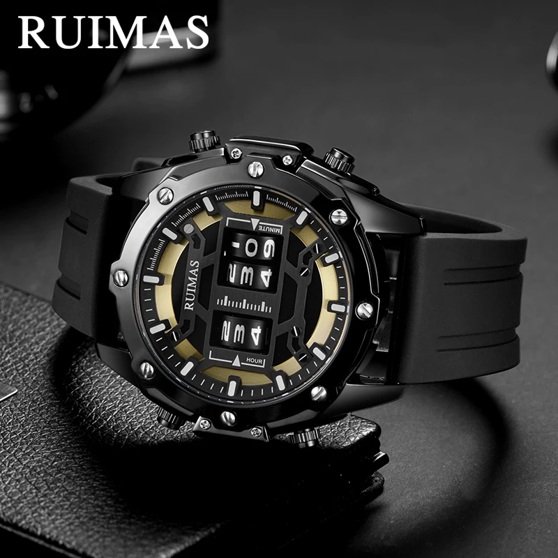 RUIMAS Luxury Brand Men Watch Rolling Time Sport Rubber Strap Wristwatch Waterproof Military Quartz Watches Relogio Masculino | Наручные