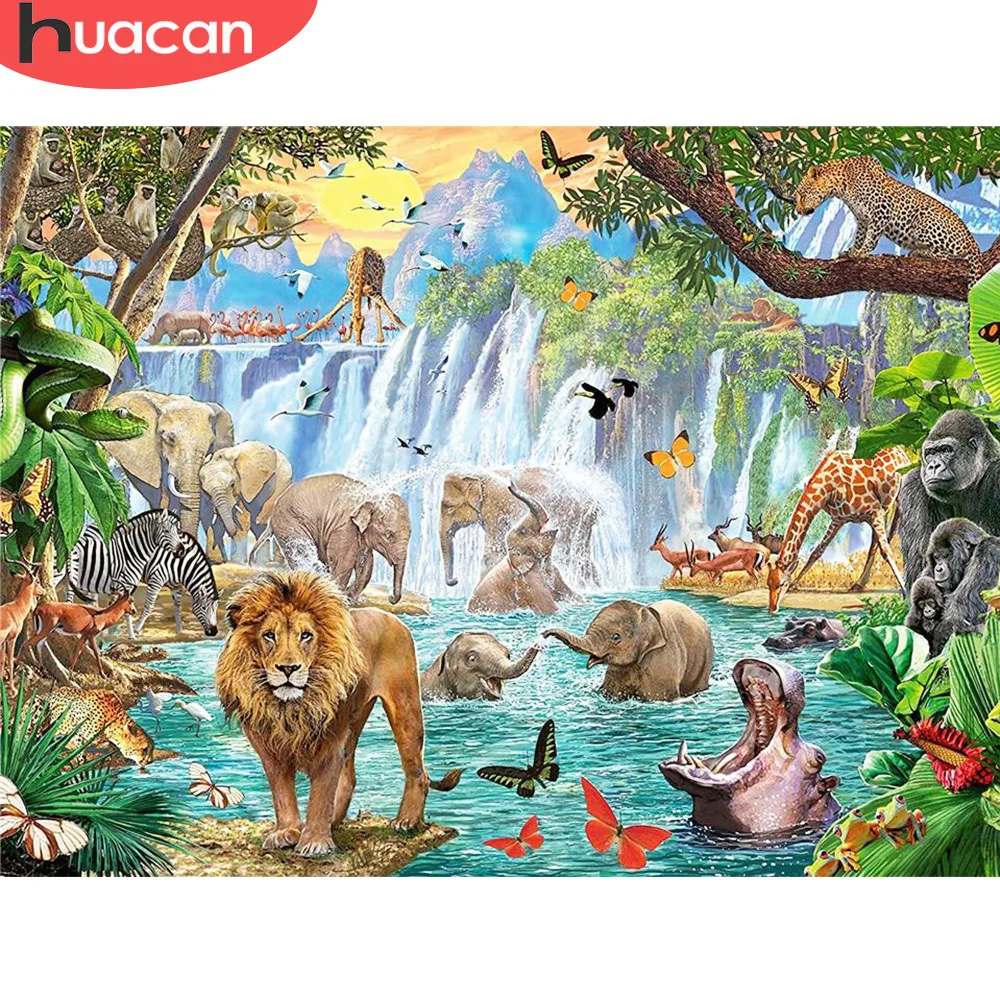 

Алмазная живопись с пейзажем HUACAN, 5D «сделай сам», с изображением водопада, мозаика льва, полный набор для вышивки, домашний декор, подарок
