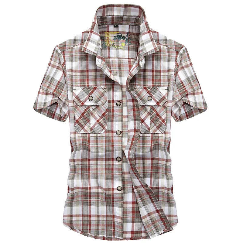 

Summer Plaid Shirt Men Military Casual Short Sleeve Turn Down Collar Button Up Shirt Cotton Camisa Masculina Large Size M-4XL