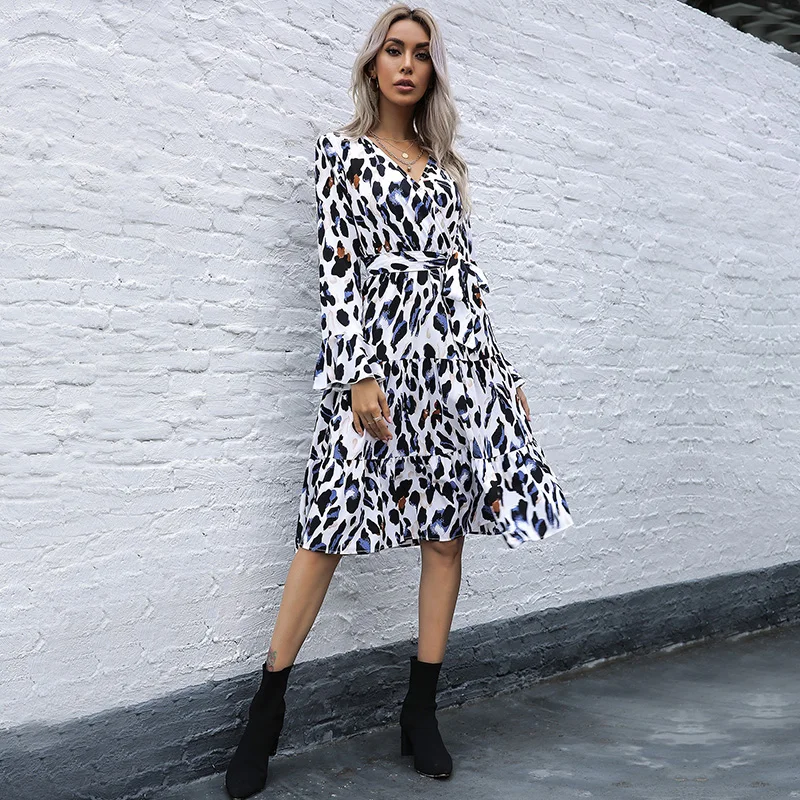 

Summer Leopard Print V Neck Flare Long Sleeve Elegant Dress Women Bandage Ruffle Streetwear Temperament Beach Dresses