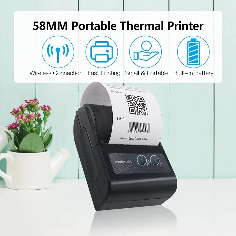 

203DPI Portable Wireless Thermal Receipt Printer 58mm Bluetooth Ticket Printer Mobile Phone 2inch for Android iOS Supermarket