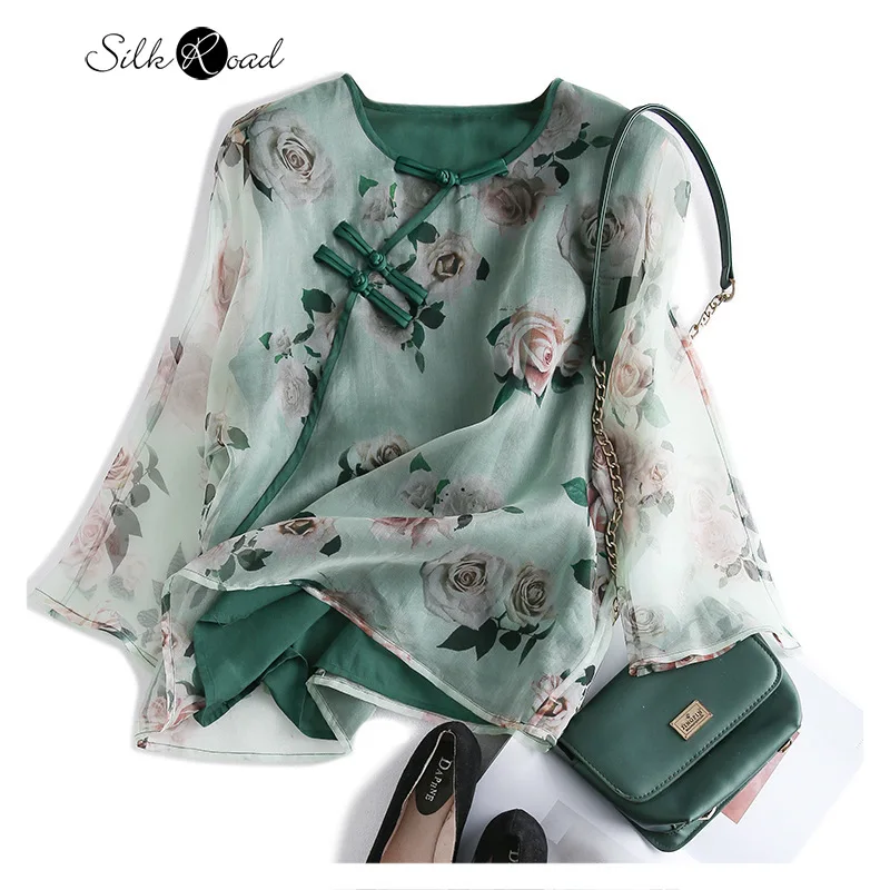 Silviye Antique Style Frog New Chinese-Style Hanfu Top Silk Organza T-shirt Female Silk Long-Sleeved Small Shirt New Model