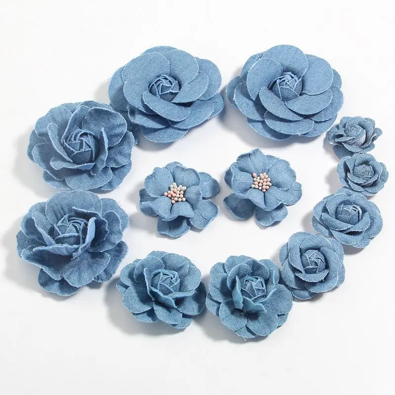 

6Pcs Denim Fabric Flower Boutique Chiffon Lace Trim Flowers Wedding Decoration DIY Scrapbooking Bride Hair Veil Clothes Headwear