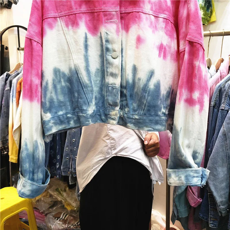 

Fashion Tie-dye Color Matching Women Short Denim Coat Autumn 2021 Streetwear Casual Chaqueta Mujer Lapel Long Sleeve Jean Jacket