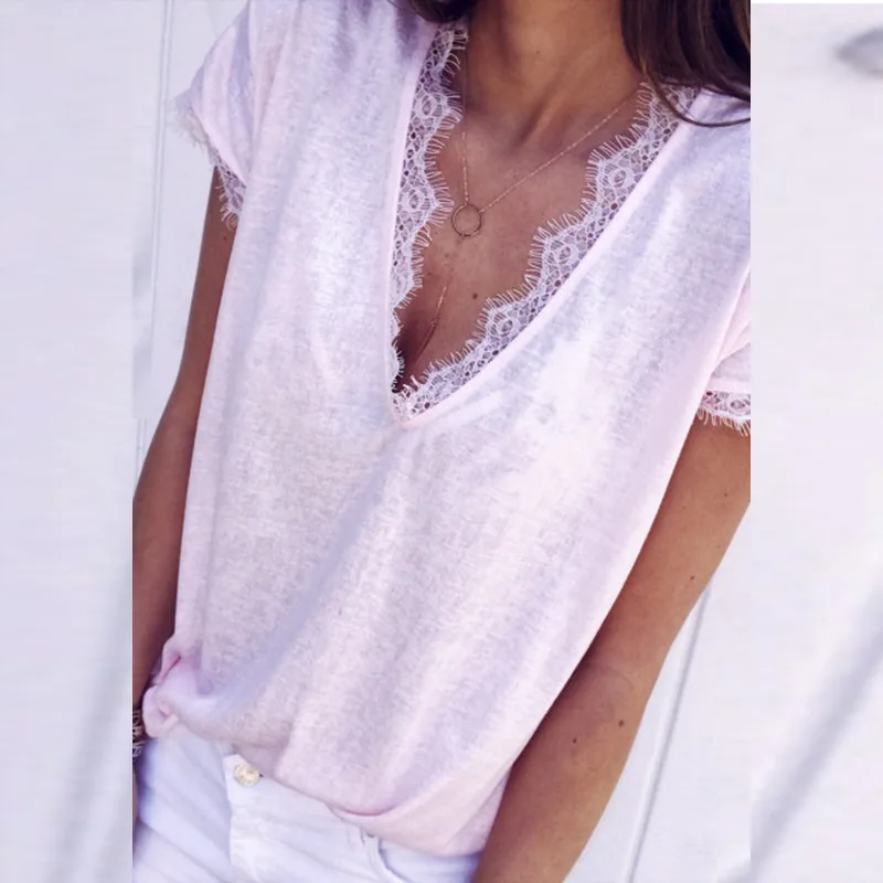 Женская Кружевная футболка с V образным вырезом|Футболки| |