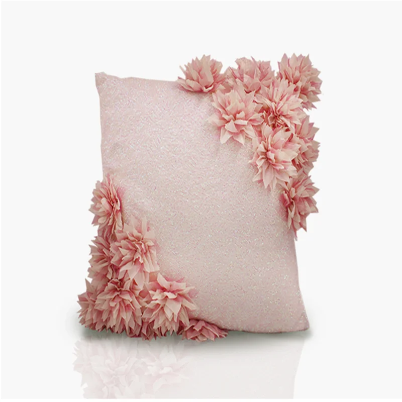 Pink Color Flocked Flowers Cushion Cover Lovely Princess Home Decoration Bedroom Sofa Living Room Pilowcase Pillow Cover 45x45cm