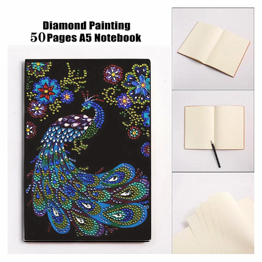 

DIY Art Diamond Painting Notebook Diary Full Round Diamond Mosaic Embroidery A5 50 Pages Beautiful Peacock Fower Picture