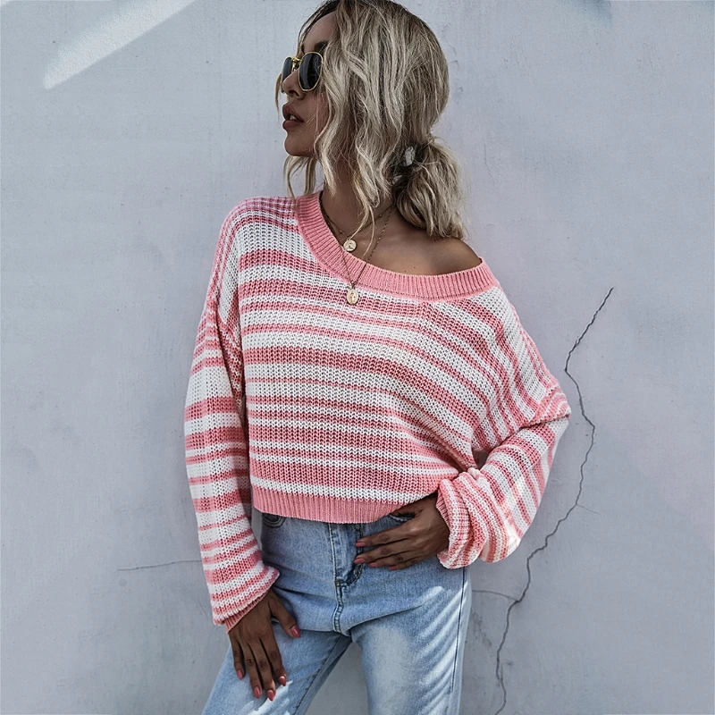 

Women Long Sleeve Knitted Striped Sweater Round Neck Casual Loose Pullover Tunic Tops Autumn Winter Clothing