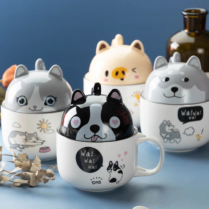 

Ceramic Cup with Lid Spoon Shiba Inu Cute Coffee Mug Dog Cat Pig Personality Creative Trend Couple Cup Student Gift