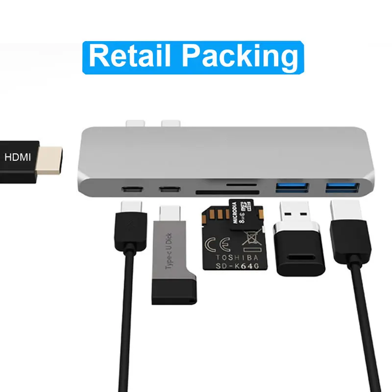 Original Box-Silver Адаптер Thunderbolt 3 USB 3,1 type-C концентратор к HDMI 4K USB C концентратор с концентратором 3,0 TF sd-ридер слот PD для MacBook Pro/Air USB-C - Цвет: Original Box-Silver