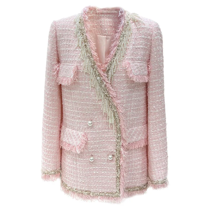 

Fall Winter WOmen Coats 2021 VIntage Chic V neck Pink Tassel Beaded Tweed Jacket Woolen Coat For Women Outwear chaqueta mujer