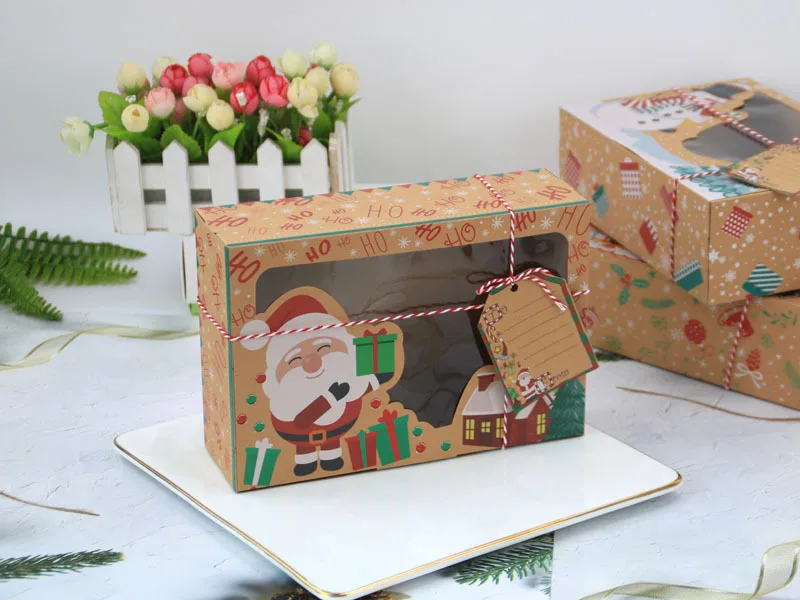 

3Pcs/set Kraft Paper Box With Ribbon Santa Claus Christmas Candy Box Packaging With Clear Window