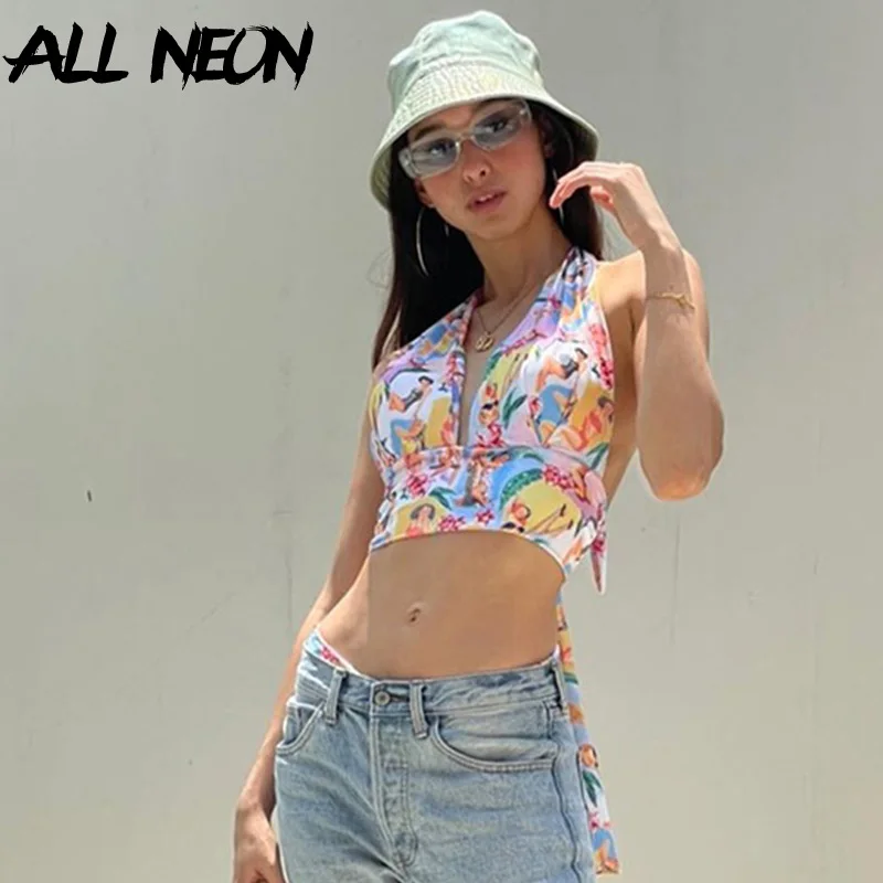 

ALLNeon 2000s Aesthetics Deep V-neck Graphic Print Halter Tops Y2K Streetwear Sexy Backless Crop Tops Summer 2021 Clubwear Chic