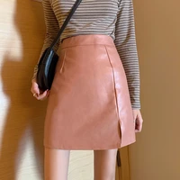 pink short pu leather skirt mustard yellow split a line mini leather skirt
