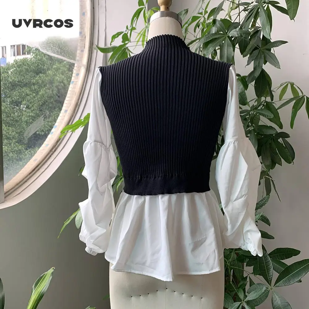 

UVRCOS Women Turtleneck Sweater Fashion Knitted Patchwork Long Sleeve Tops Elegant Office Ladies Knitwear