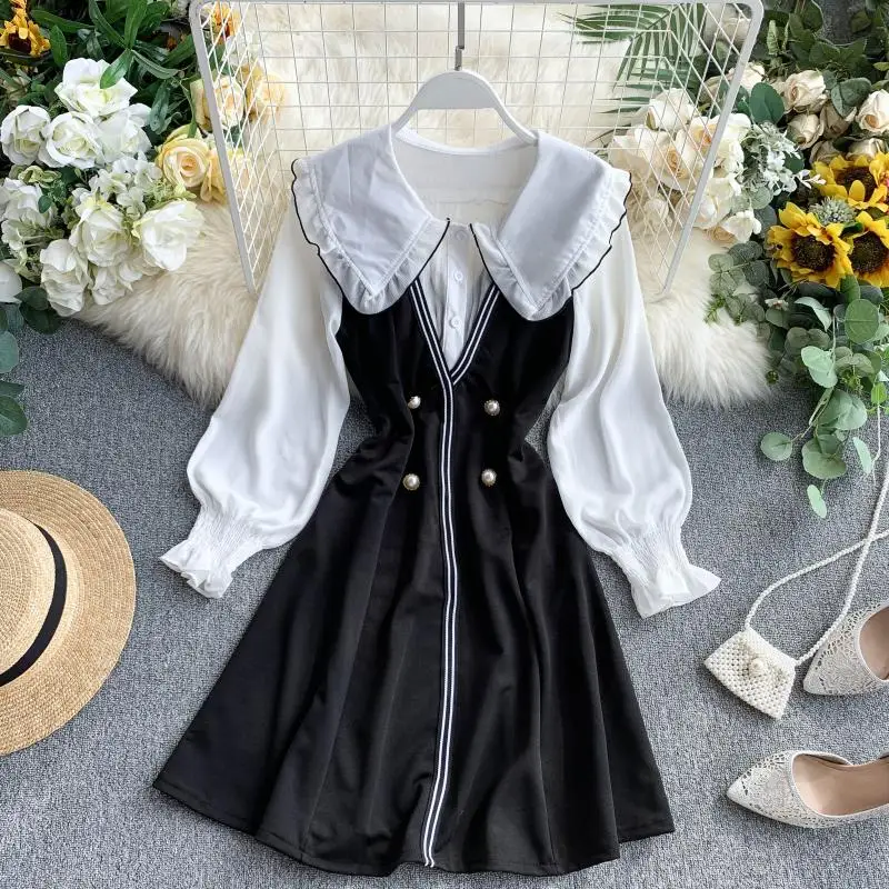 

2021 spring new women's peter pan collar double breasted ruffles chiffon dress female long sleeve waist A-line dresses