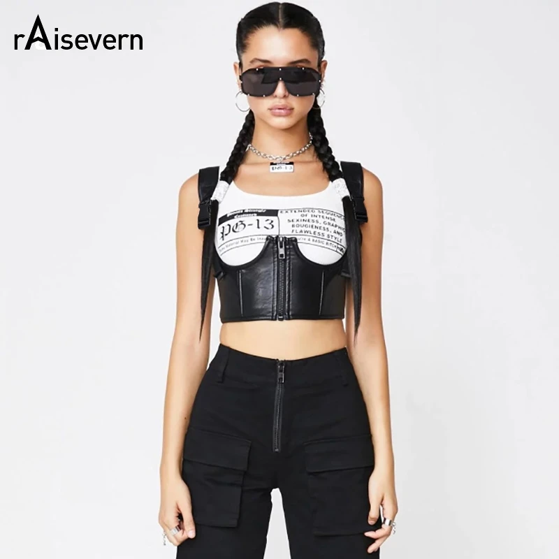 Женский кроп топ из ПУ кожи на молнии|Майки| |