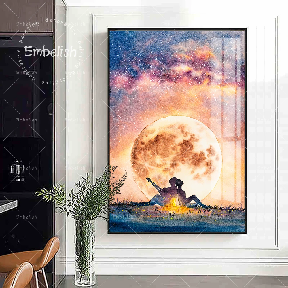 

Embelish Man With Fantastic Guitar Under Moon Night Landscape Print Canvas Paintings For Living Room Home Decor Poster Artworks