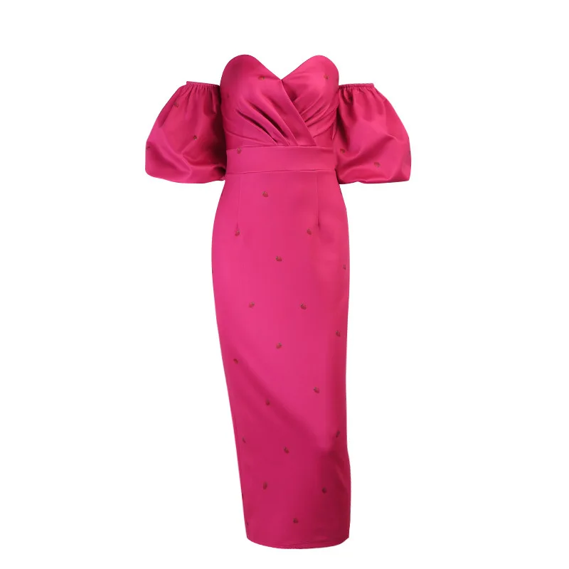 

FAKUNTN Sexy Off Shoulder Dress Women Summer Party Outfits Female High Waist Strawberry Print Lantern Sleeve Vintage Midi Dress
