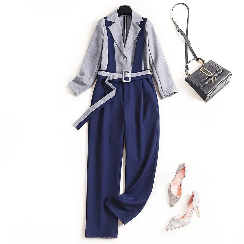 OL Tracksuit 2020 Spring Autumn Fashion Blazer Sets Women Notched Collar Grey Blazer Jacket+Full Length Strap Pant Set