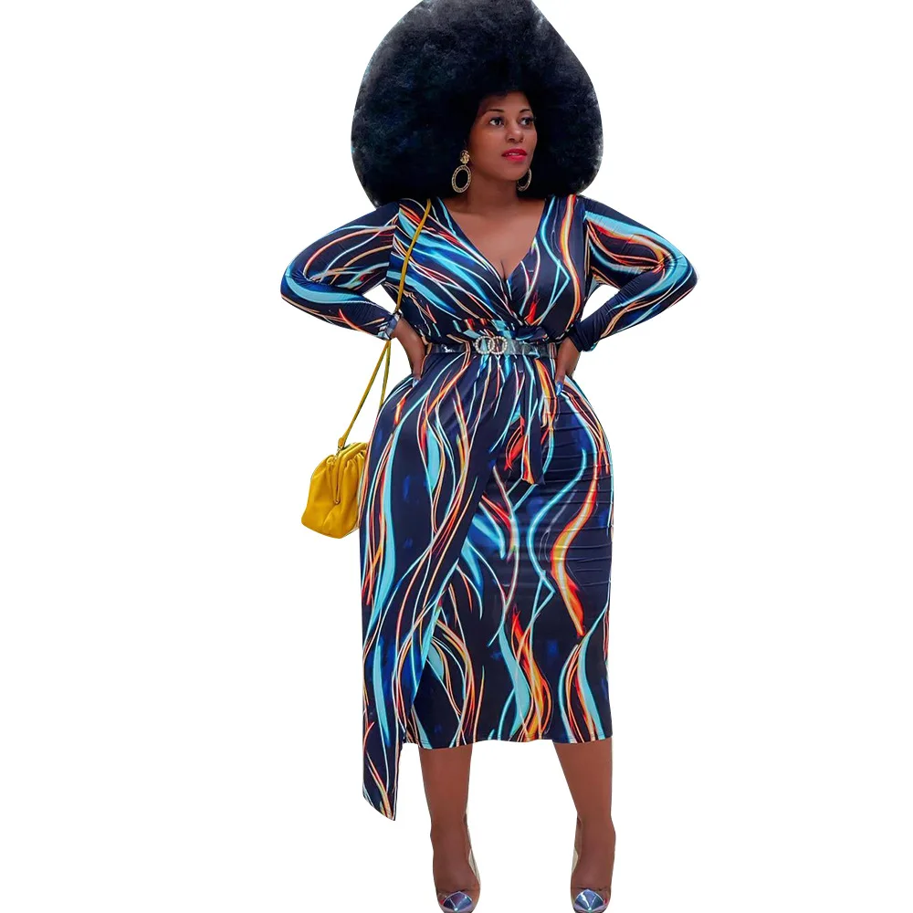 

RStylish 2021 Women Clothing Long Sleeve V-Neck Autumn Fashion Wave Stripe Print Streetwear Simple Maxi Dress