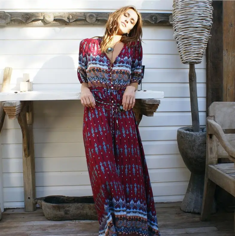 

New style dress with bohemian print for fall 2021 women's long beach dress woman dress