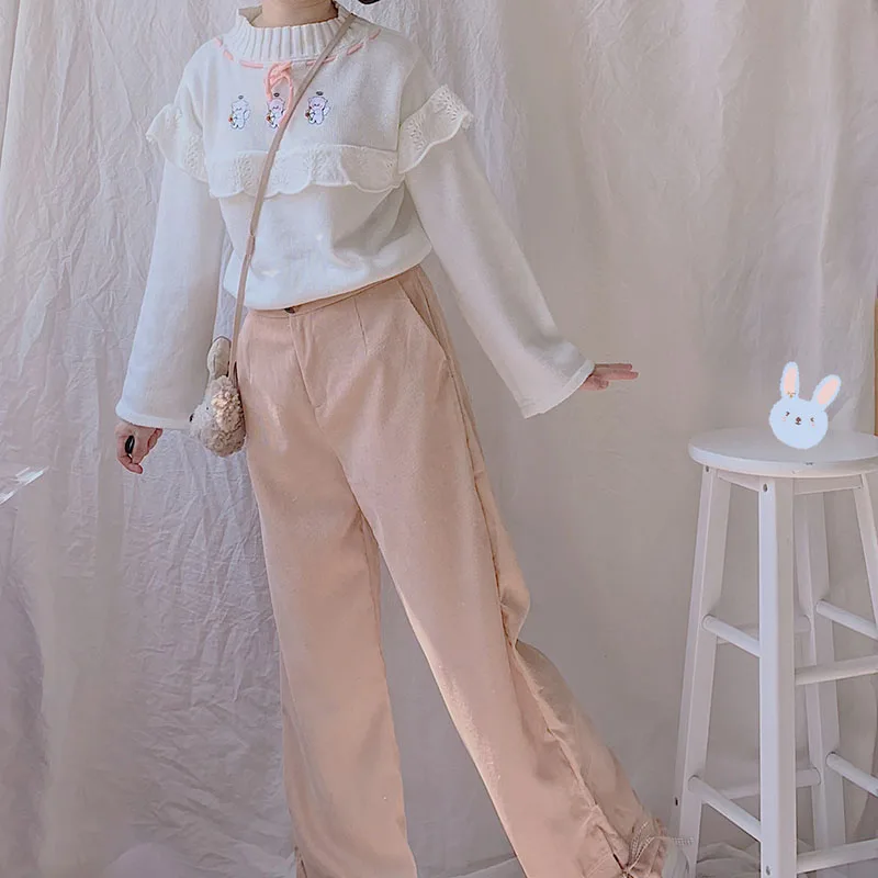 Japanese Cute Girls knit Sweater Women Kawaii Lace Embroidery Turtleneck Knitted Pullovers Winter Preppy Style Loose Jumper Tops |