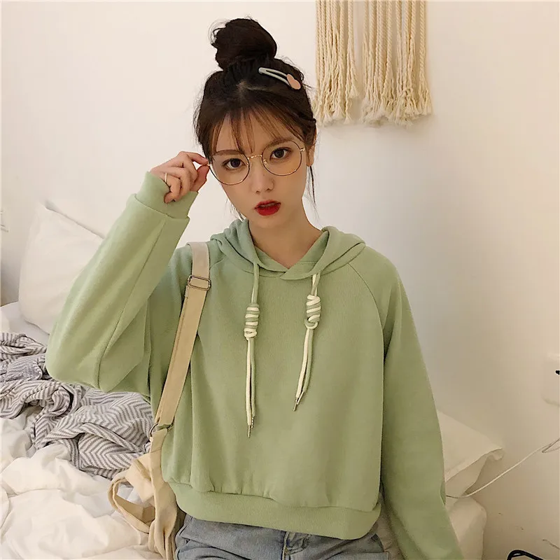 

XZ379 2021 spring and autumn new Korean style loose solid color cute hooded top super fire cec student long-sleeved Sweatshirts