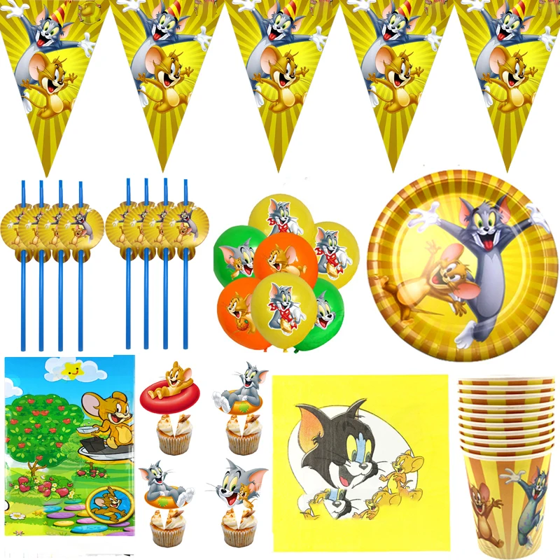 

83pcs/lot Tom Cat Jerry Mouse Theme Napkins Tablecloth Straws Birthday Party Plates Cups Decora Flags Kids Boys Favors Balloons