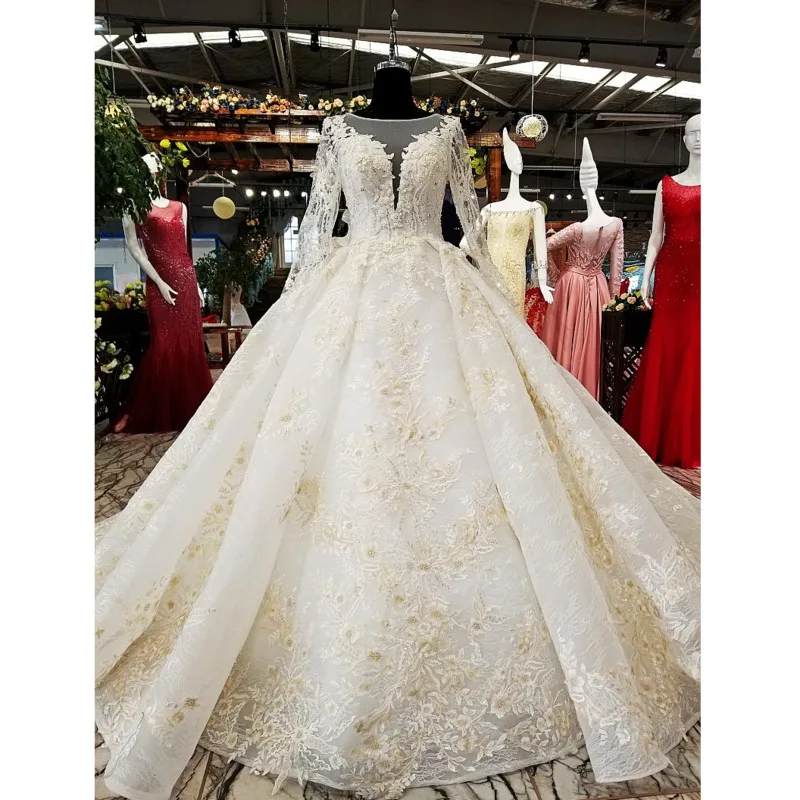 BGW HT4814 Ball Gown Champagne Wedding Dress 2020 O Neck Tulle Long Sleeve Bridal For Big Puffy Skirt Vestido Boda |