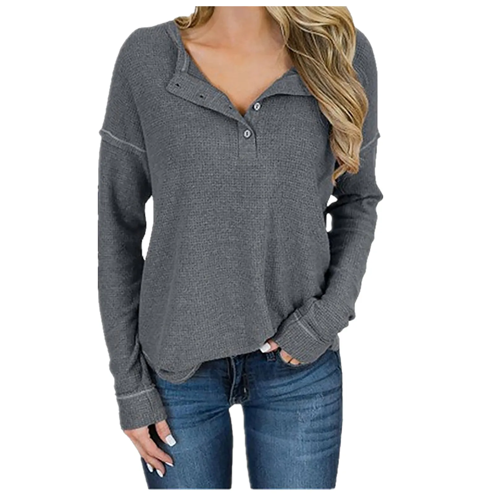 

Women's Elegant Pullover Tops Autumn New Button Top Loose Long-sleeved V-neck Casual Pullover Shirt Roupas Femininas Блузки R5