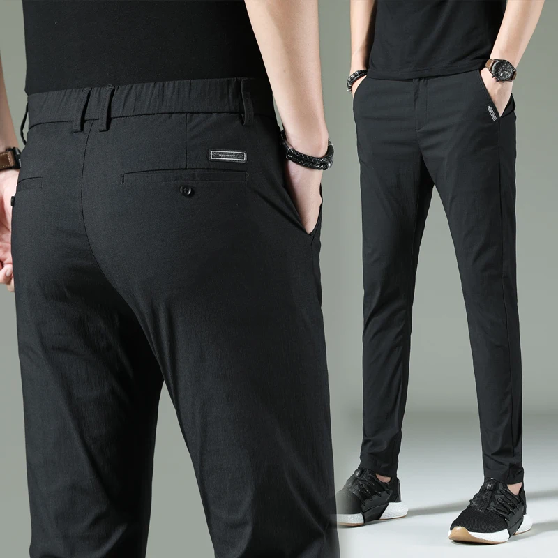 

Loldeal Men Long Trousers Solid Color Casual Straight Cotton Blended Soft Slim Fit