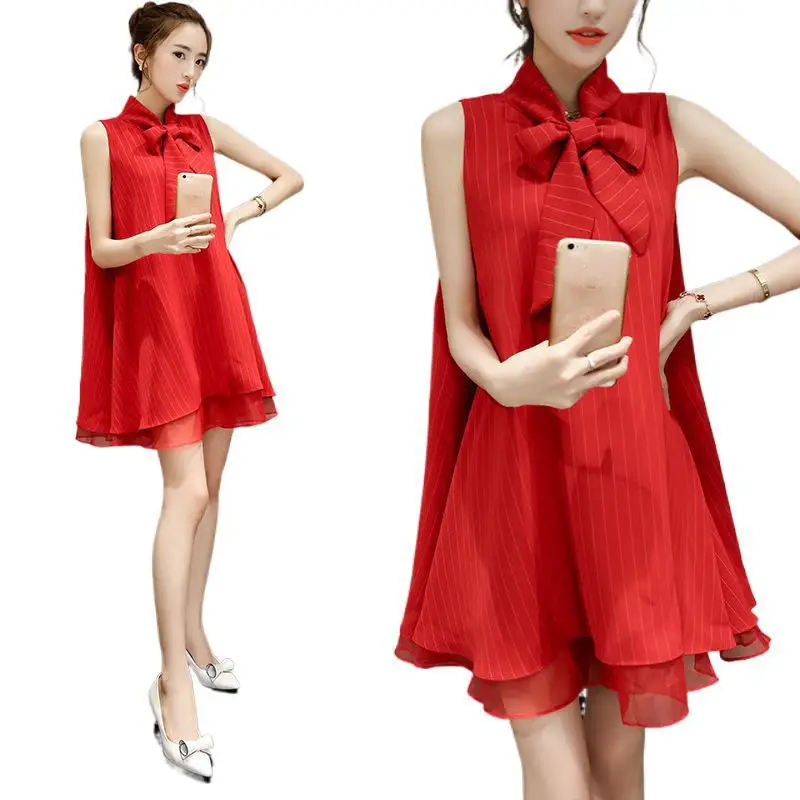 

Women Summer Slimming New Organza Bow Chiffon Red Princess Dress