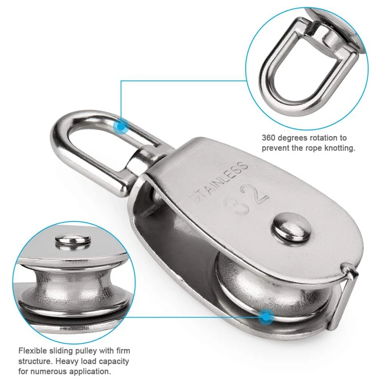 6 Pack M32 Lifting Single Pulley Roller Loading 551Ibs 304 Stainless Steel Heavy Duty Wheel Swivel Rope B | Инструменты