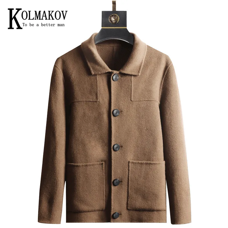 

KOLMAKOV Winter Men's Short Woolen Coat Pure Wool Single Breasted With Two Sides Casual Lapel Warm Jacket Male