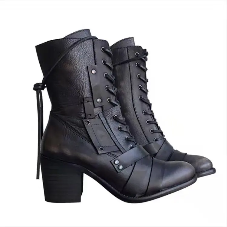 2021 New Women Winter Outdoor Lace-up Ankle Boots Ladies Square Heel PU Boot Plus Size 35-43 Casual Booties Woman Zapatos Mujer