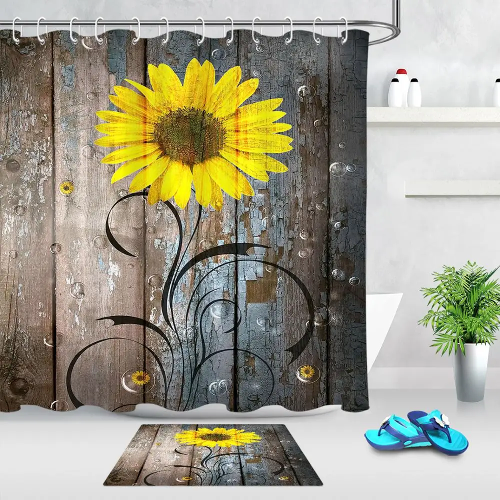 Желтые Подсолнухи наборы занавесок для душа деревенская деревянная доска