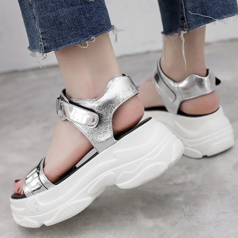 Platform Women's Sandals PU Leather Silver Casual Fashion Hook&ampLoop Ladies Shoes Wedge Women Beach 2048w | Обувь