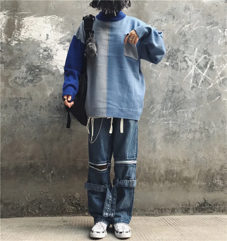Winter Turtleneck Sweater Men's Warm Fashion Contrast Casual Knit Pullover Men Streetwear Hip Hop Knitting Sweaters Male Clothes