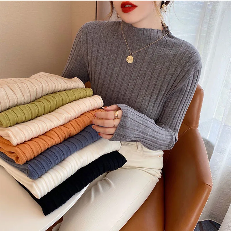 

Spring Autumn Half High Collar Solid Color Knitted Top Women Korean Style Skinny Elastic Long Sleeve Tees Fashion Basic Sweater