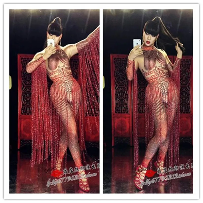 Красные сексуальные комбинезоны с кисточками наряд женские костюмы для