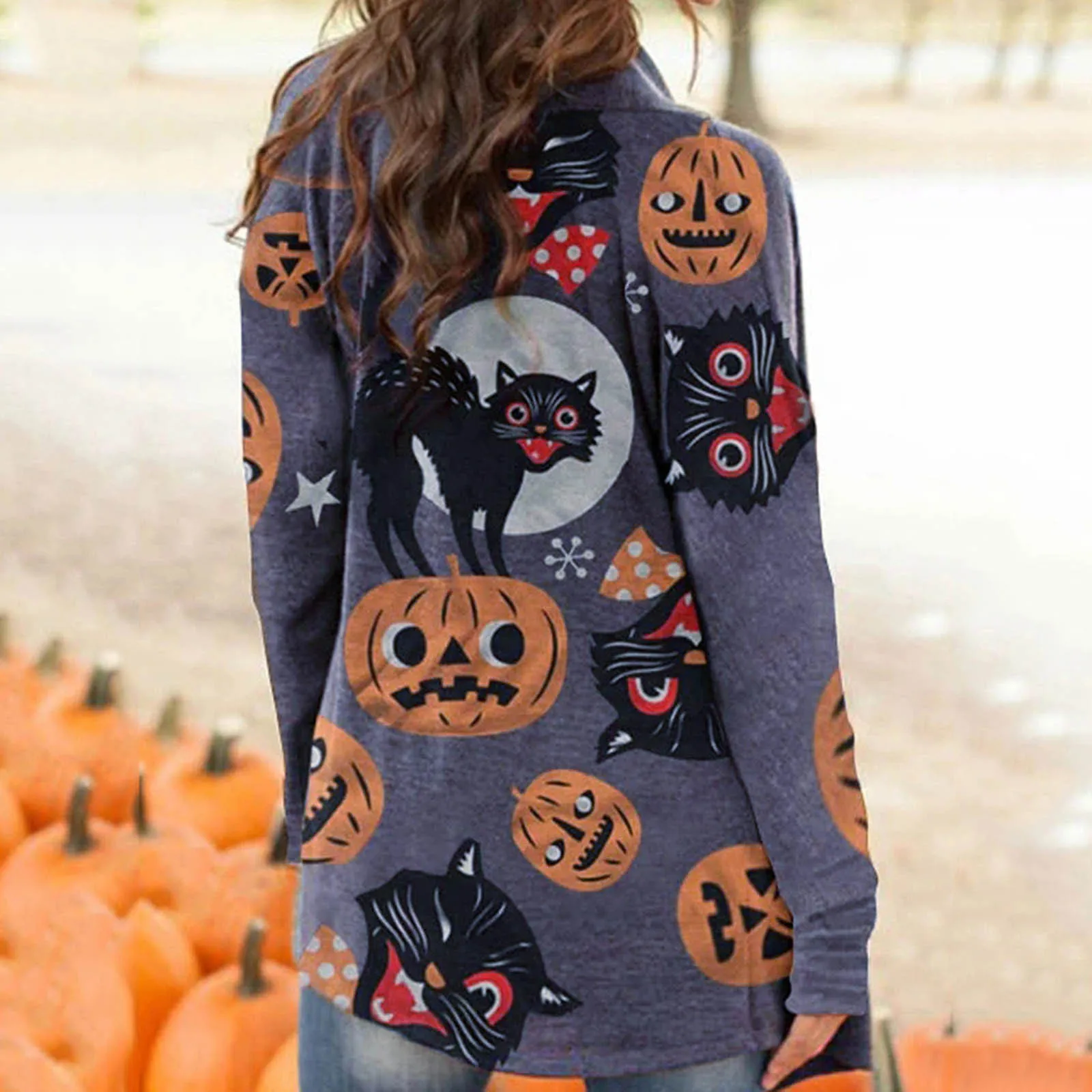 Женский кардиган на Хэллоуин модное осеннее пальто с длинным рукавом и принтом в